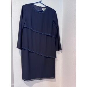Adrianna Papell‎ Evening 12 Navy Beaded Shift Dress Mother Bride 3/4 Sleeve